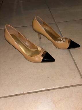 Coach Zan Patent Cap Toe Heels Warm Nude Black Women's Pumps